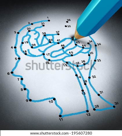 Intelligence therap and brain research challenges as a medical concept with a connect the dots drawing puzzle connected by a blue pencil used by a doctor shaped as a human head and thinking organ.