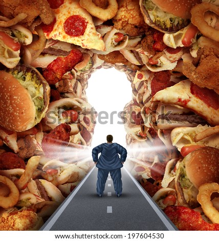 Dieting solutions and overweight diet advice concept as an obese man walking on a road to a heap of greasy junk food shaped as a key hole as a metaphor for answers to unhealthy food risk Dieting solutions and overweight diet advice concept as an obese man walking on a road to a heap of greasy junk food shaped as a key hole as a metaphor for answers to unhealthy food risk