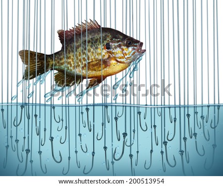 Avoid risk escape danger as a business metaphor with a jumping fish breaking free out of water that is full of sharp fishing bait hooks as a symbol of overcoming difficult challenges.