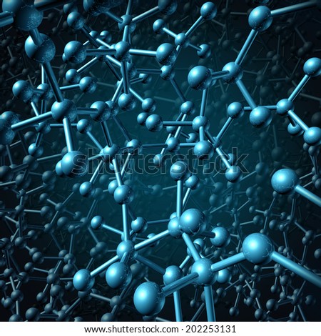 Molecule concept as a group of three dimensional atoms in a blue background connected together by chemical bonds as a molecular science symbol and chemistry icon background.
