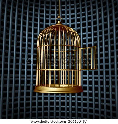 False freedom and limited liberty concept as an open bird cage inside a larger prison or as a human rights conspiracy or a business icon for limited growth or financial limitations of closed markets.