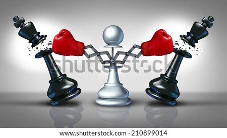 New competition business concept with a chess pawn punching and destroying competitors as two king pieces with hidden red boxing gloves as a metaphor for innovative corporate attack strategy.
