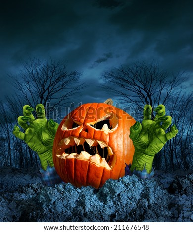 Zombie pumpkin halloween greeting card with copy space as a scary surprise creepy jack o lantern with monster green hands rising from the dead on a dark cold haunted autumn night Zombie pumpkin halloween greeting card with copy space as a scary surprise creepy jack o lantern with monster green hands rising from the dead on a dark cold haunted autumn night