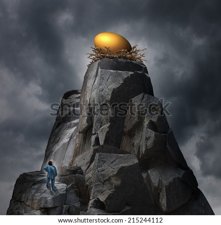 Golden nest egg concept as a retirement plan metaphor as a man standing at the bottom of a cliff thinking of a strategy to achieve his challenging financial investment goal.