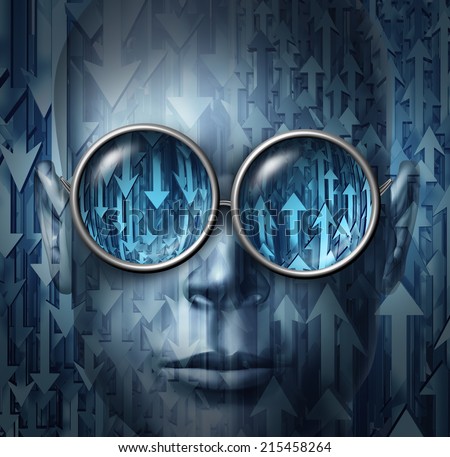 Financial analyst and stock broker business concept as a face wearing glasses with arrows going up and down as a metaphor for having the vision for forecasting and analyzing economic direction.