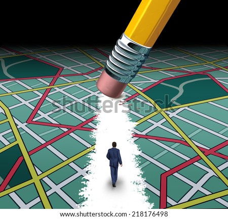 Innovative path and road to success concept as a businessman walking through a confusing highway map with a pencil eraser clearing a pathway to career or life success by cutting through the clutter.
