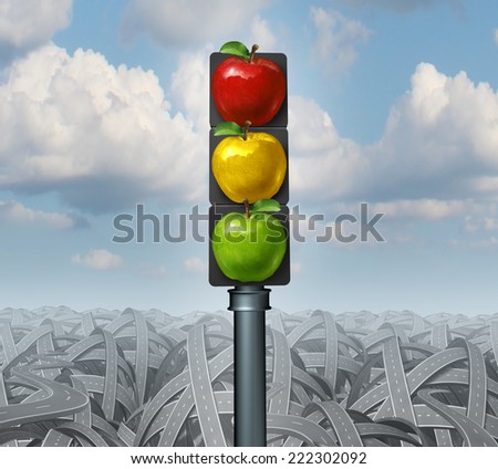Healthy lifestyle advice and eat healthy concept as traffic lights with green yellow and red apples on a background of tangled confused roads as direction metaphors for diet and dieting.