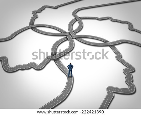 Social management and career manager business concept as a person standing on a group of connected roads that are shaped as a human face as a symbol of public relations and managing people.