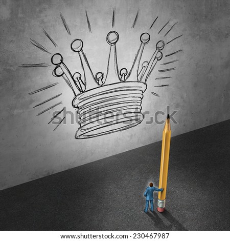 Leadership development concept as a businessman holding a giant pencil looking at a wall with a drawing of a king crown as a success metaphor foe achieving management goals.