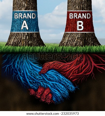 Business collusion concept as two trees representing companies with different market brands coming together secretively in a handshake as underground roots as a metaphor for market deception.