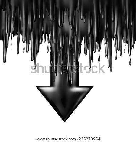 Oil dropping fuel and gas price falling concept as liquid black crude petroleum spilling down as a downward arrow for declining prices in fossil energy due to market oversupply and overproduction.