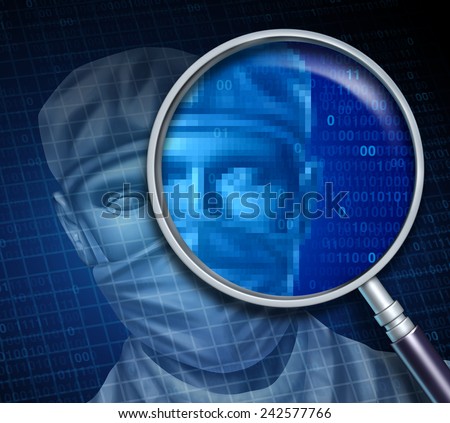 Doctor review and searching online for a medical specialist health care concept as a magnifying glass focusing on a hospital professional with digital code as a symbol of physician data.