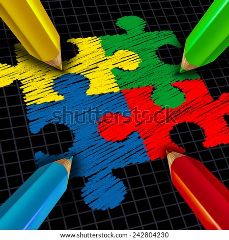 Assembling a business group jigsaw puzzle concept as color pencils drawing pieces connected together as a team and teamwork symbol and partnership success metaphor.