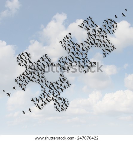 Flying birds puzzle as a business concept for group strategy as two flocks of geese shaped as jigsaw puzzle pieces joining together as a teamwork success metaphor.