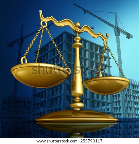 Construction law concept as a justice scale over a working building site with cranes and a structure being built as a concept for architecture permits and real estate regulations.
