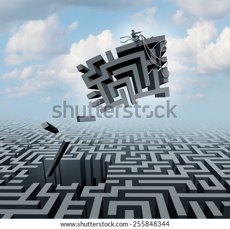 New thinking and empowerment concept as a businessman riding a chunk of a maze or labyrinth as a business or life success concept and solution symbol for finding the answer.