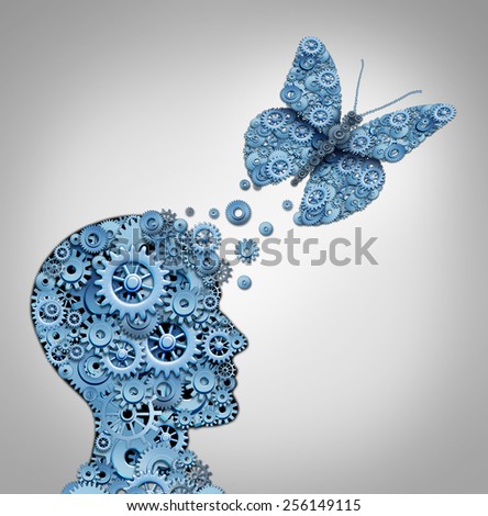 Human thinking and artificial intelligence concept as a technology symbol for a robot head and butterfly shaped with gears and machine cog wheels.