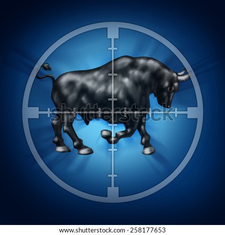 Bull market target as crosshairs for rising securities prices as a horned animal in focus representing a bullish financial and economic upward trend.