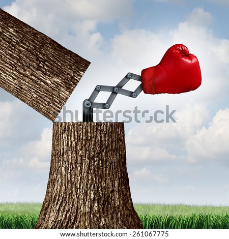 Nature protection and fighting for environmental defense rights concept and protect the environment symbol as a boxing glove emerging out of an open tree trunk.