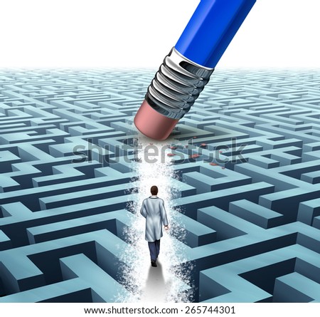 Medical leadership health care concept as a doctor or scientist walking through a maze erased by a pencil as a medicine metaphor for scientific discovery or breakthrough in health science technology.