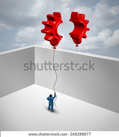 Overcome business barriers as two partners separated by walls in a joint effort to merge two flying red balloons shaped as half a gear or cog as a symbol for trade success and global trade solutions.