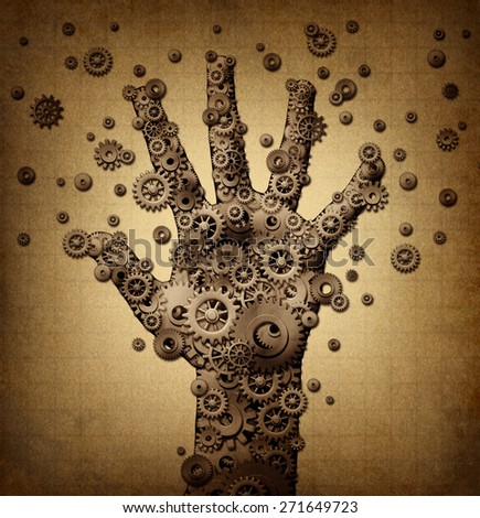 Technology touch concept and robotics or robot symbol as a group of mechanical gears and gog machine wheels shaped as a human hand as a metaphor for bionic engineering or artificial intelligence.