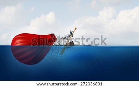 Problem Manager as a businessman in the water with a sunk hot air balloon paddling the failed vehicle to a new destination as a business icon for recovery and to persevere when confronting a crisis.