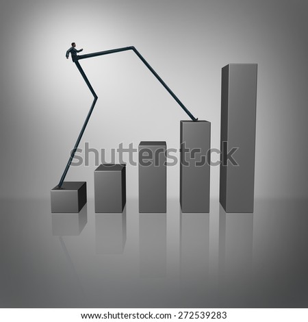Leap forward as an accelerated success business concept with a businessman with long legs climbing a financial chart or graph as a metaphor for aggressive growth.