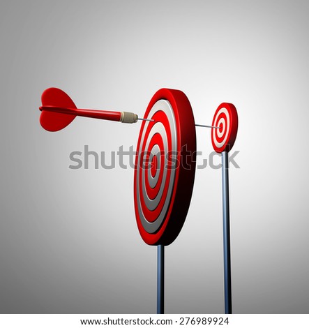 Find an opportunity out of view and hidden opportunities business concept as a red dart reaching over to the next target bulls eye to achieve success as a metaphor for long strategy and winning.
