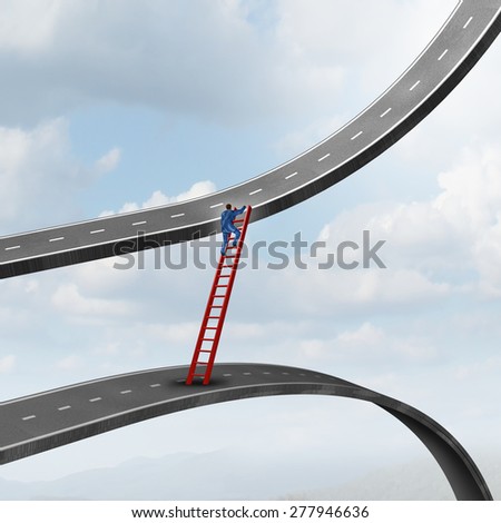 Career move business concept as a businessman climbing a ladder of success away from a road going down to a path rising up as a metaphor for timing strategy and seeking new promising opportunities.