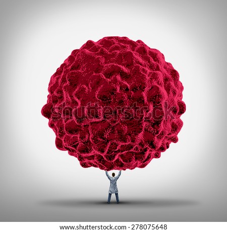 Cancer Doctor and carcinoma treatment concept as a specialist physician lifting up a giant cancerous cell as a health care therapy symbol to fight malignant tumors in the human body.