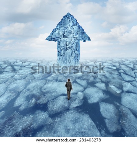 Success journey concept as a businessman walking on broken frozen ice with an iceberg shaped as an arrow as a metaphor for danger risk and opportunity.