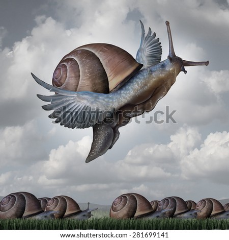 Advantage concept as a business metaphor with a surreal crowd of snails crawling on the ground with a flying snail with wings as a symbol for competitive innovation and to rise above the rest.