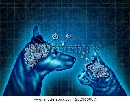 Pet psychology and understanding and communicating with pets as a dog and a cat with gears and cog wheels shaped as an animal brain as a medical metaphor for pet behavior training and therapy.