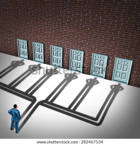 Businessman door choice concept as a person deciding to choose the right doorway with a cast shadow of multiple people from a group of entrance possibilities to increase the odds of career success.