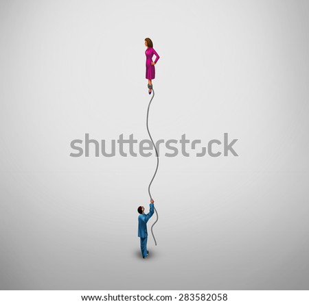 Transgender concept and gender identity symbol or sex reassignment surgery idea as half a man holding a floating balloon with the female part as a metaphor for the struggle of sexual identity.
