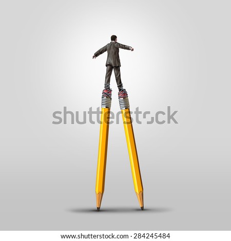 Creative skill concept as a clever businessman balancing on high pencil stilts attached to his legs as a business metaphor for leadership in imagination and innovative solution ideas.