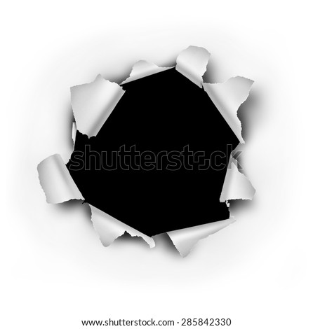 Paper burst hole with ripped torn edges on a white sheet that has been punctured or punched open as a breakthrough blowout freedom and escape symbol.