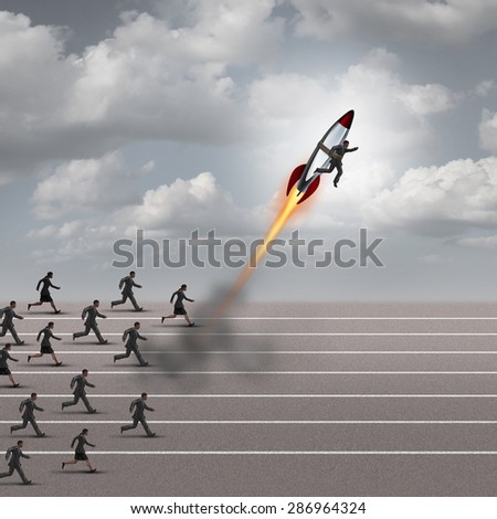 Motivation concept and career boost as a group of business people running on a track with a businessman on a rocket ship breaking away from the competition as a success metaphor for a game changer.