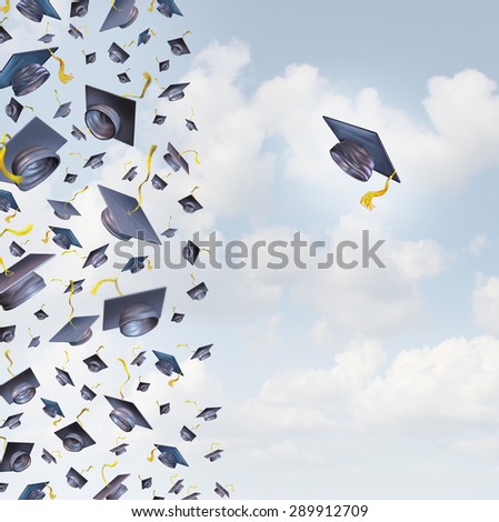 Individual education concept or individualized learning plan symbol as a group of mortar hats or graduation caps flying in the air and a single graduate hat flying in the opposite direction