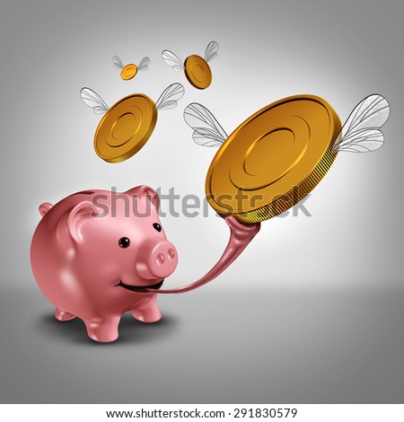 Savings strategy and increasing earnings financial concept as a piggy bank with a long frog tongue catching winged gold currency coins in the air as a money metaphor for budget success.