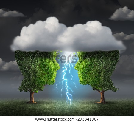 Business spark idea concept as two trees shaped as a head under a storm cloud creating a thunderbolt of lightning as a symbiotic success metaphor and creative collaboration unity.