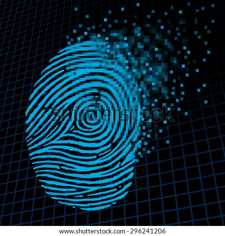 Personal information encryption and private data protection as a digital fingerprint being pixelated into encrypted pixels as a security technology symbol and password protection icon.