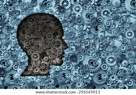 Intelligence machine and human brain as a thinking technology machine or neurology medical symbol with a head shape made of cogs and gears for strategy psychological and mental neurological activity.