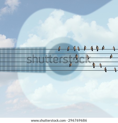 Outdoor musical concert concept as an open air music show symbol with a guitar shape in the sky with birds on six string electric wires as a summer celebration festival of jazz blues rock or country.