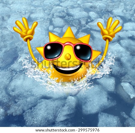 Cooling off fun and cool down concept as a happy hot sun character diving into frozen ice water as a symbol for managing hot weather summer heat and refreshing break from a heatwave.