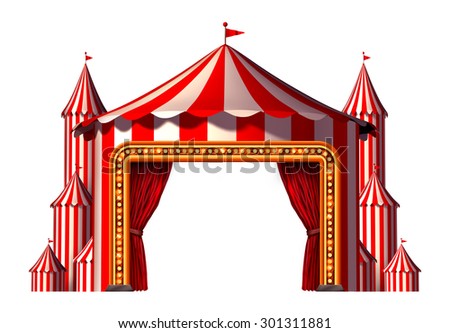 Circus blank space stage tent design element as a group of big top carnival tents with a red curtain opening entrance as a fun entertainment icon for a party festival isolated on a white background.