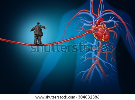 Risk factors for heart disease danger as a medical health care concept with an overweight person walking on a long artery highwire as a symbol for coronary illness hazard or high blood pressure.