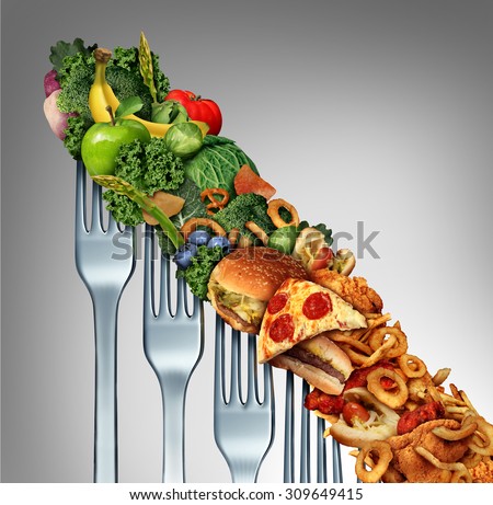 Diet relapse change as a healthy lifestyle slowly goes downward to greasy unhealthy fast food concept as a dieting decline as a group of descending forks with meal items on them.