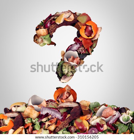 Composting questions as a compost pile of rotting kitchen fruits egg shells and vegetable food scraps shaped as a question mark as organic waste for recycling as an environmentally responsible icon.